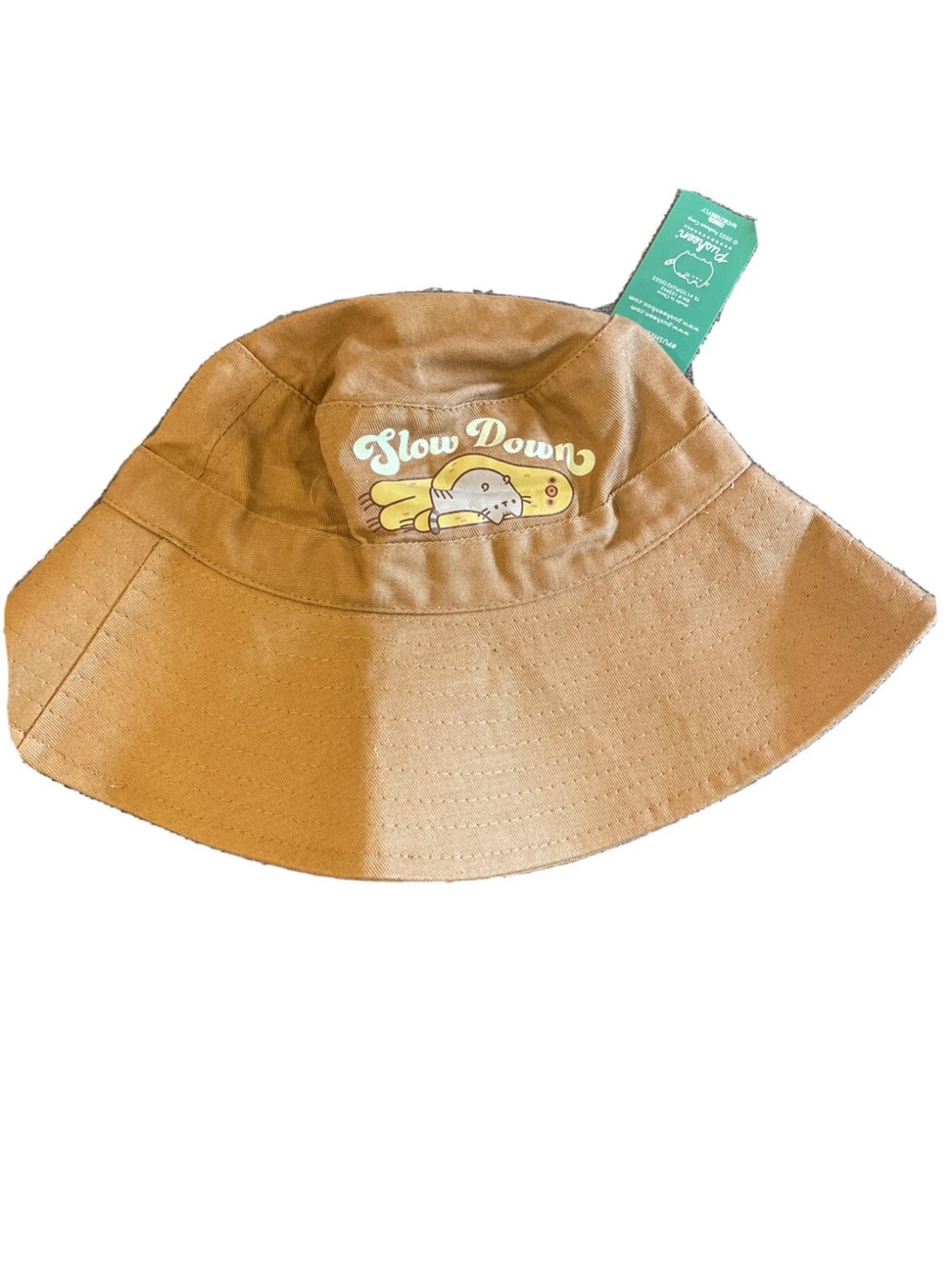 Pusheen Tan Bucket Hat with "Slow Down" Graphic